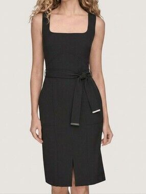 DKNY Square Neck Belted Sheath Dress with Pockets Black LBD